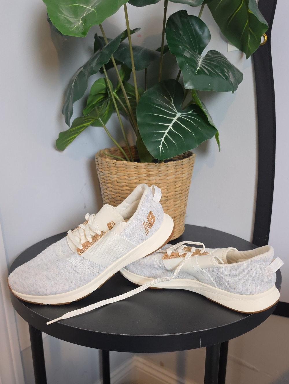 New Balance Women's Cream Knit Athletic Sneakers with Gold Accents
